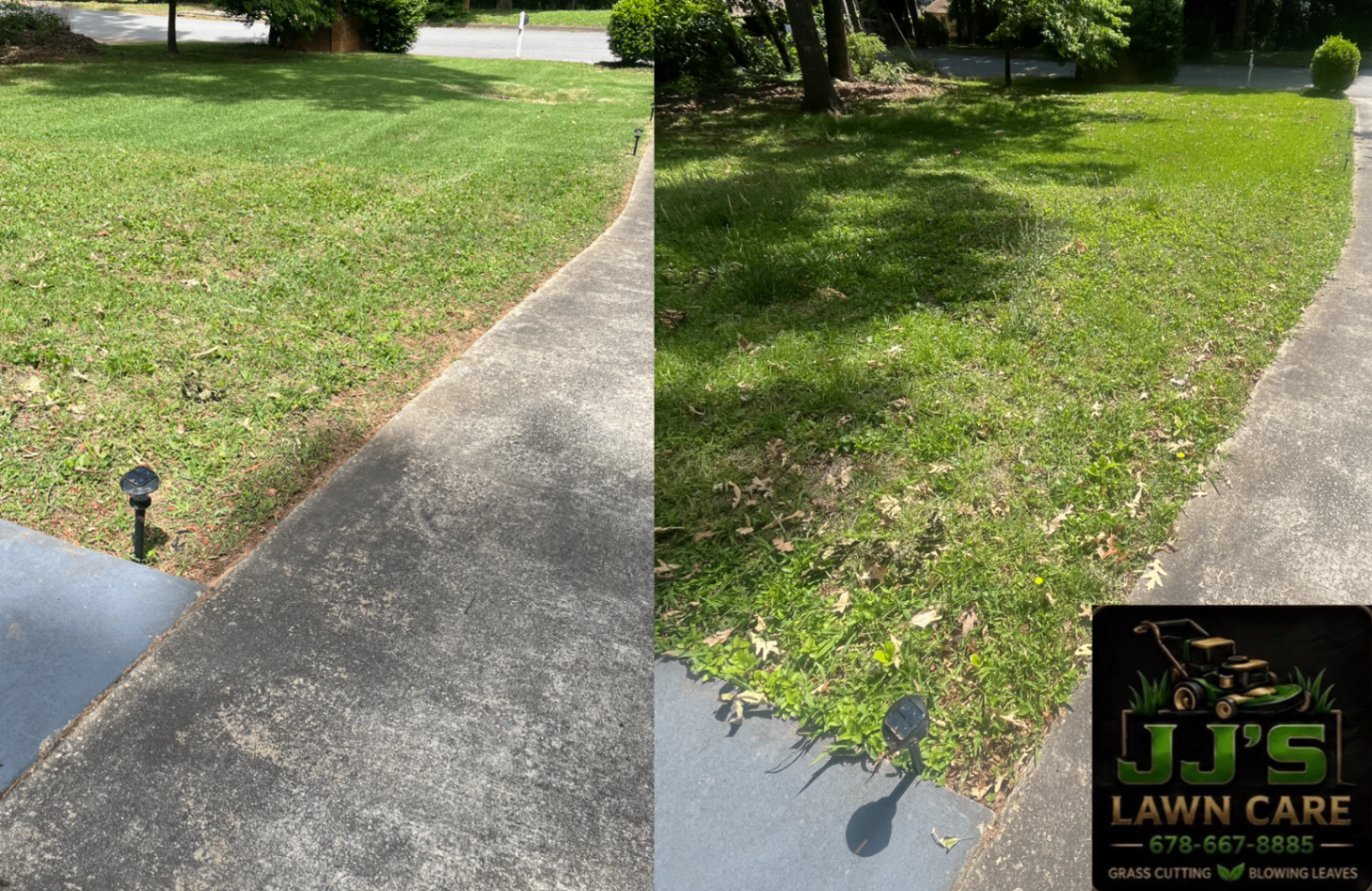 Before and after lawn care photos showing driveway edge cleanup and overgrowth removal