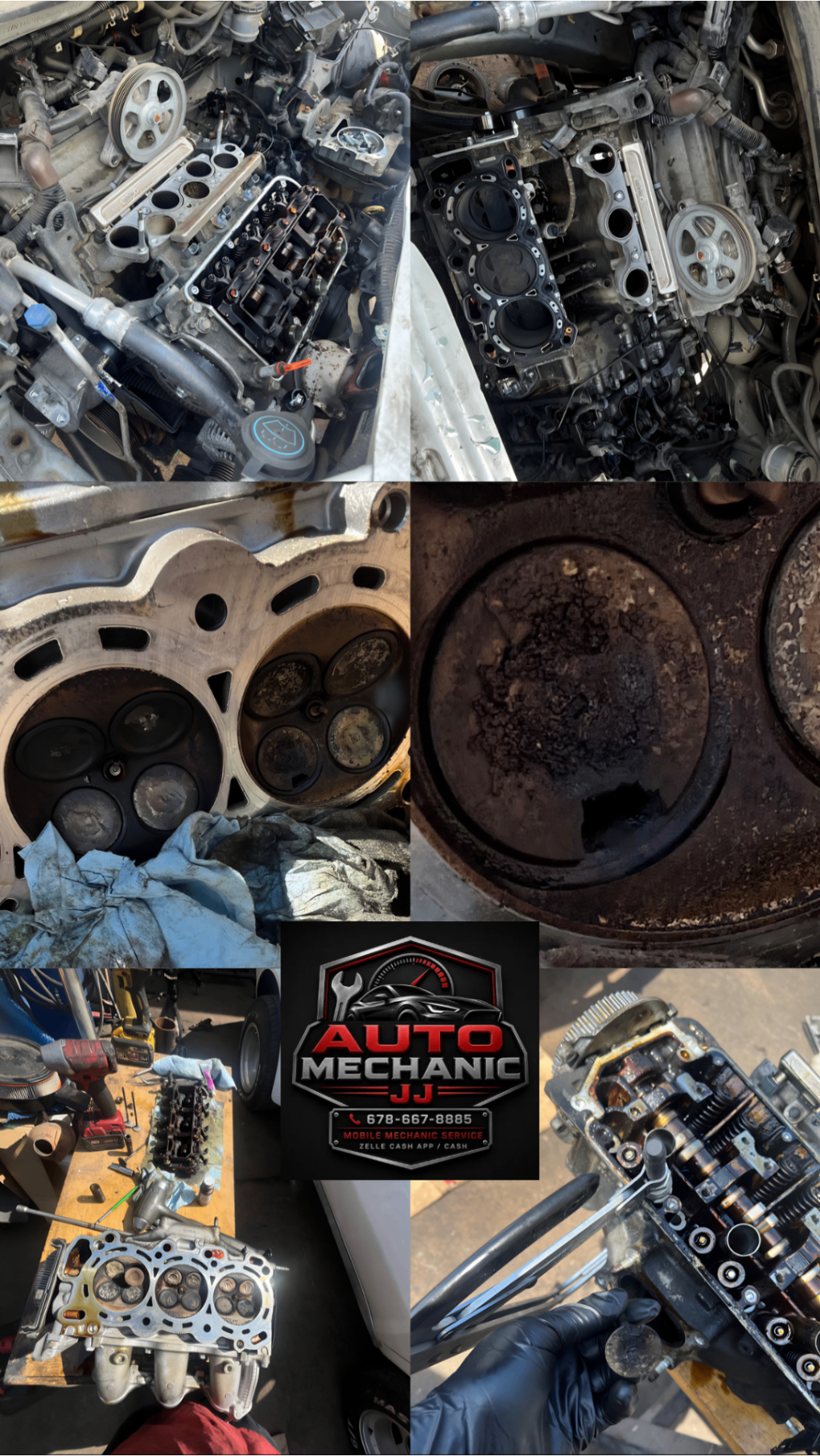 Collage of JJ's Mobile Mechanic engine teardown, head work, and valve repair progress photos